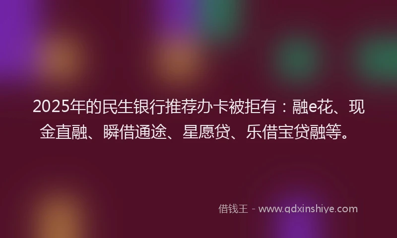 2025年的民生银行推荐办卡被拒有：融e花、现金直融、瞬借通途、星愿贷、乐借宝贷融等。