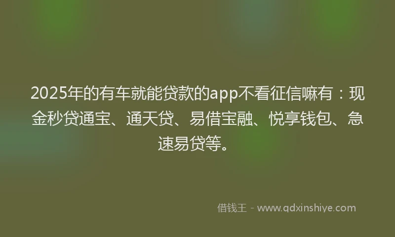 2025年的有车就能贷款的app不看征信嘛有：现金秒贷通宝、通天贷、易借宝融、悦享钱包、急速易贷等。