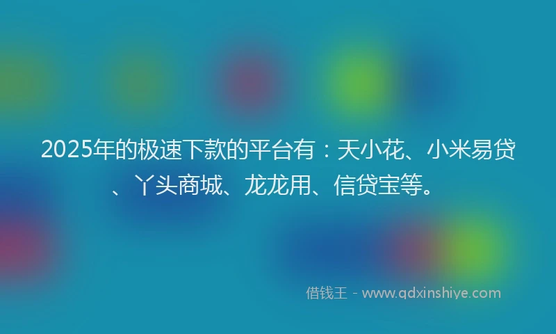 2025年的极速下款的平台有：天小花、小米易贷、丫头商城、龙龙用、信贷宝等。