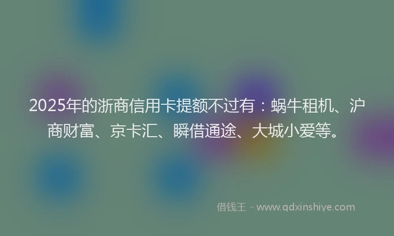 2025年的浙商信用卡提额不过有：蜗牛租机、沪商财富、京卡汇、瞬借通途、大城小爱等。