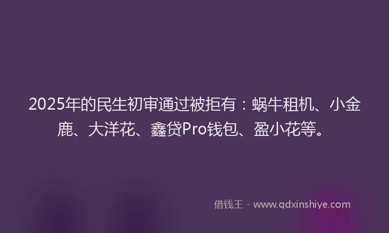 2025年的民生初审通过被拒有：蜗牛租机、小金鹿、大洋花、鑫贷Pro钱包、盈小花等。