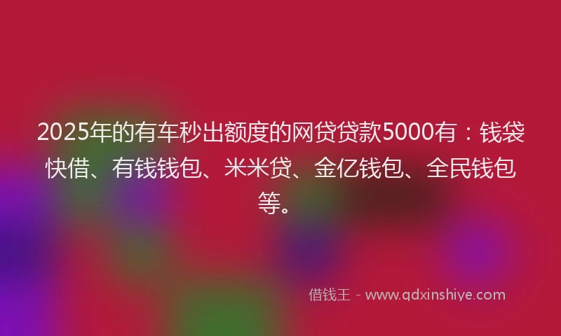 2025年的有车秒出额度的网贷贷款5000有：钱袋快借、有钱钱包、米米贷、金亿钱包、全民钱包等。