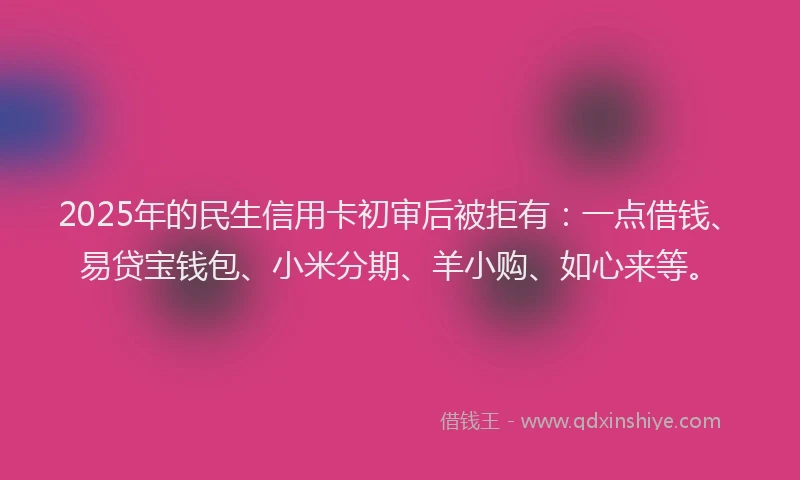 2025年的民生信用卡初审后被拒有：一点借钱、易贷宝钱包、小米分期、羊小购、如心来等。