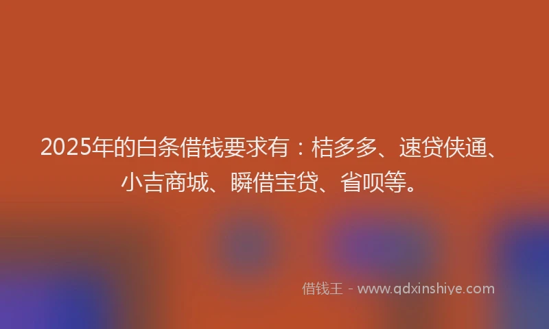 2025年的白条借钱要求有：桔多多、速贷侠通、小吉商城、瞬借宝贷、省呗等。