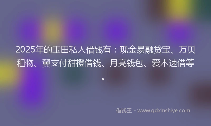 2025年的玉田私人借钱有：现金易融贷宝、万贝租物、翼支付甜橙借钱、月亮钱包、爱木速借等。