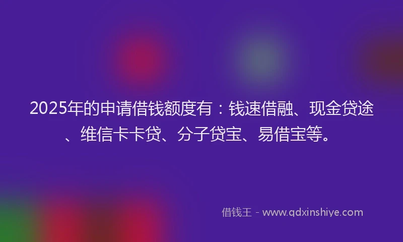 2025年的申请借钱额度有：钱速借融、现金贷途、维信卡卡贷、分子贷宝、易借宝等。