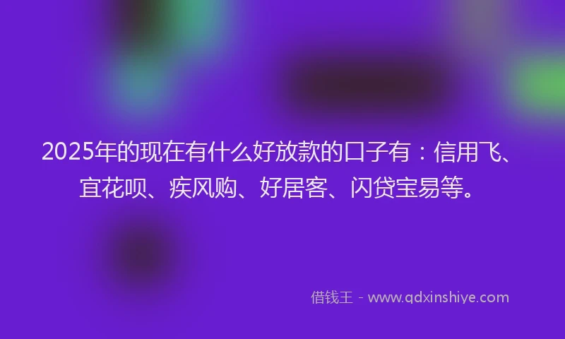 2025年的现在有什么好放款的口子有：信用飞、宜花呗、疾风购、好居客、闪贷宝易等。