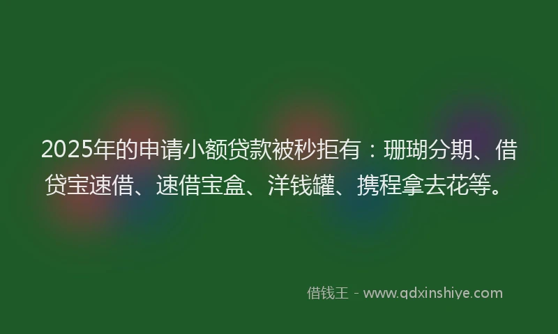 2025年的申请小额贷款被秒拒有：珊瑚分期、借贷宝速借、速借宝盒、洋钱罐、携程拿去花等。