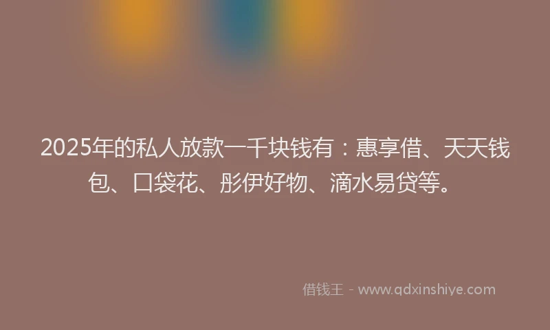 2025年的私人放款一千块钱有：惠享借、天天钱包、口袋花、彤伊好物、滴水易贷等。