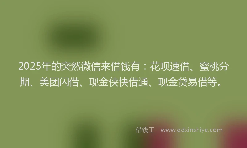 2025年的突然微信来借钱有：花呗速借、蜜桃分期、美团闪借、现金侠快借通、现金贷易借等。