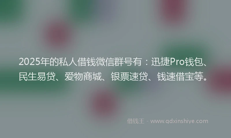 2025年的私人借钱微信群号有：迅捷Pro钱包、民生易贷、爱物商城、银票速贷、钱速借宝等。