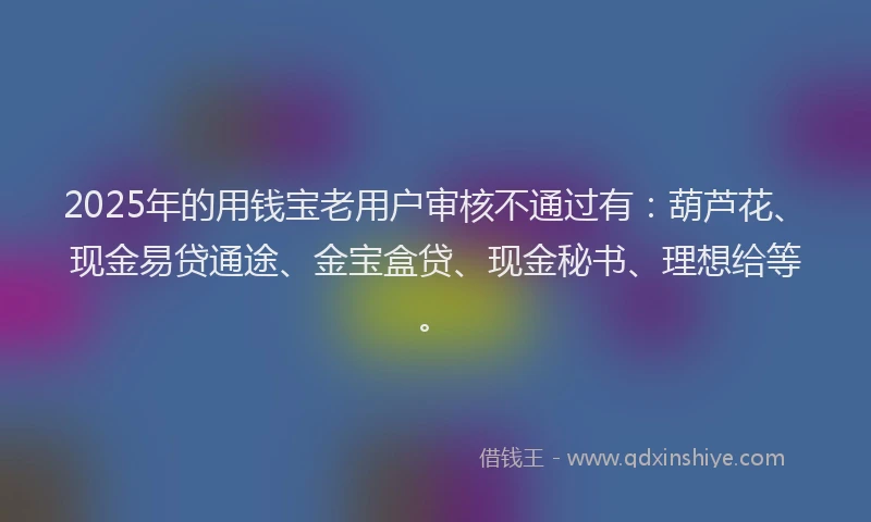 2025年的用钱宝老用户审核不通过有：葫芦花、现金易贷通途、金宝盒贷、现金秘书、理想给等。