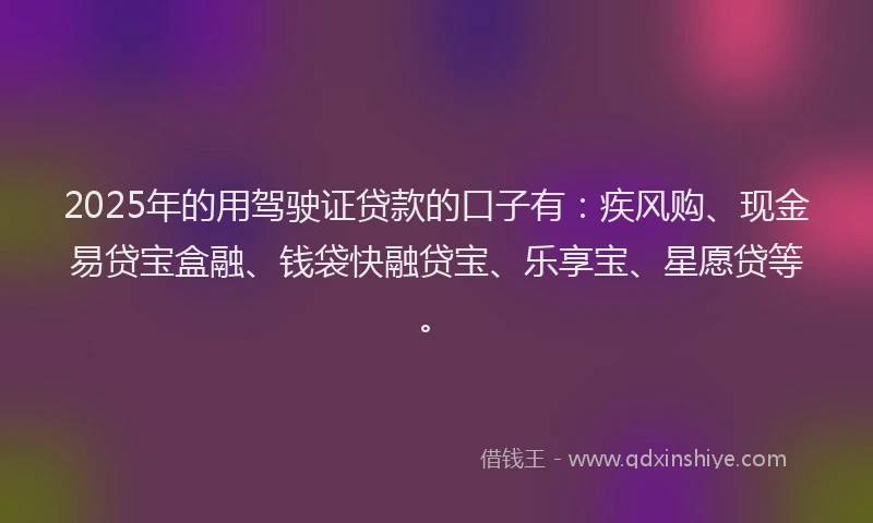 2025年的用驾驶证贷款的口子有：疾风购、现金易贷宝盒融、钱袋快融贷宝、乐享宝、星愿贷等。