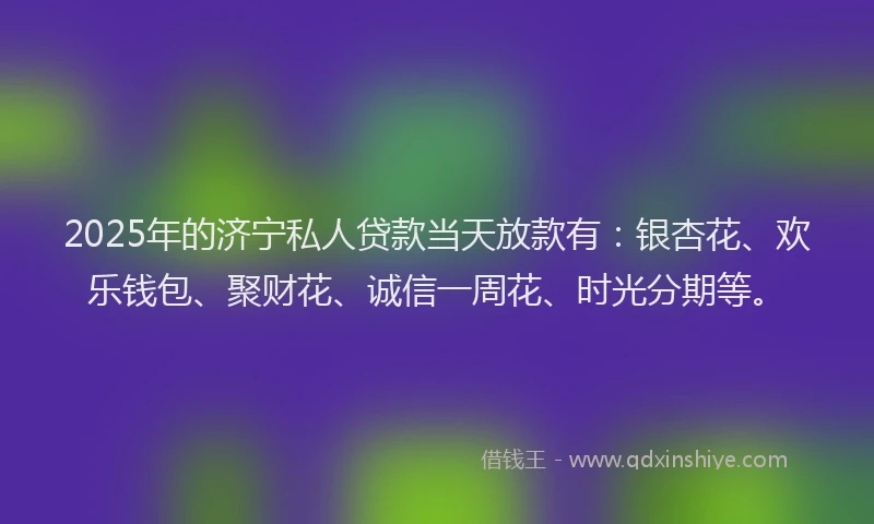 2025年的济宁私人贷款当天放款有：银杏花、欢乐钱包、聚财花、诚信一周花、时光分期等。