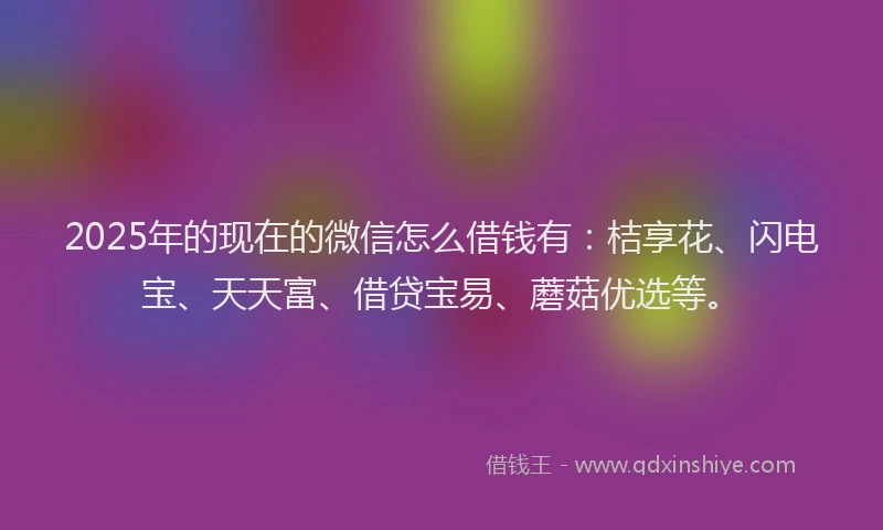2025年的现在的微信怎么借钱有：桔享花、闪电宝、天天富、借贷宝易、蘑菇优选等。