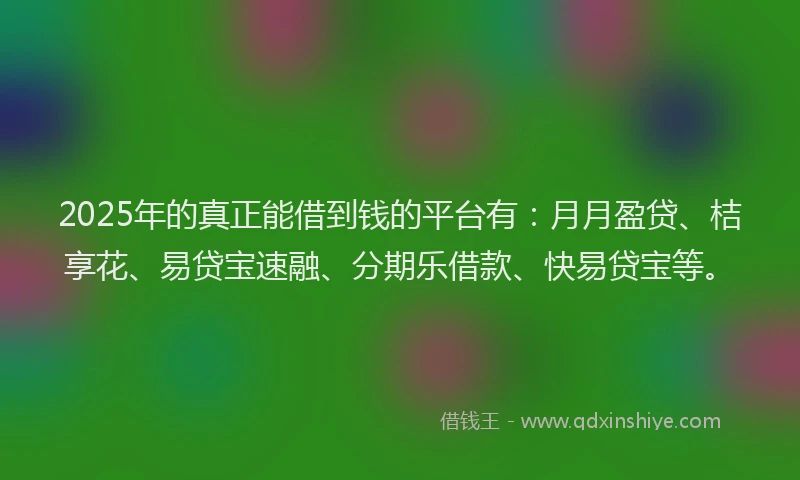 2025年的真正能借到钱的平台有：月月盈贷、桔享花、易贷宝速融、分期乐借款、快易贷宝等。