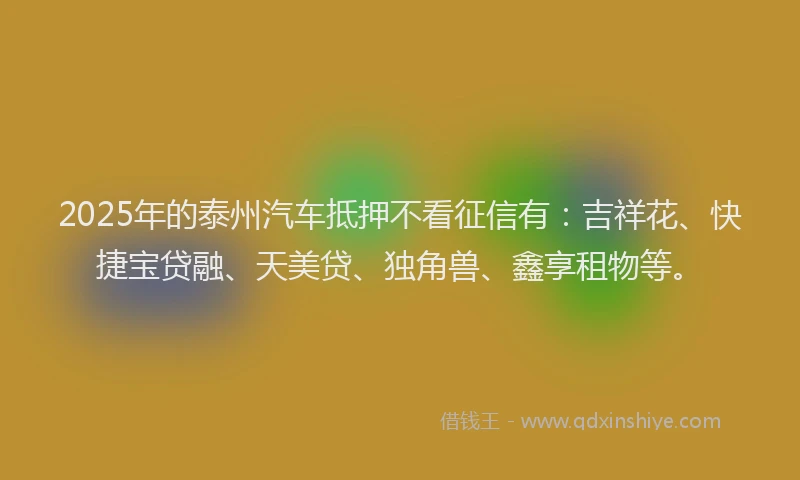 2025年的泰州汽车抵押不看征信有：吉祥花、快捷宝贷融、天美贷、独角兽、鑫享租物等。