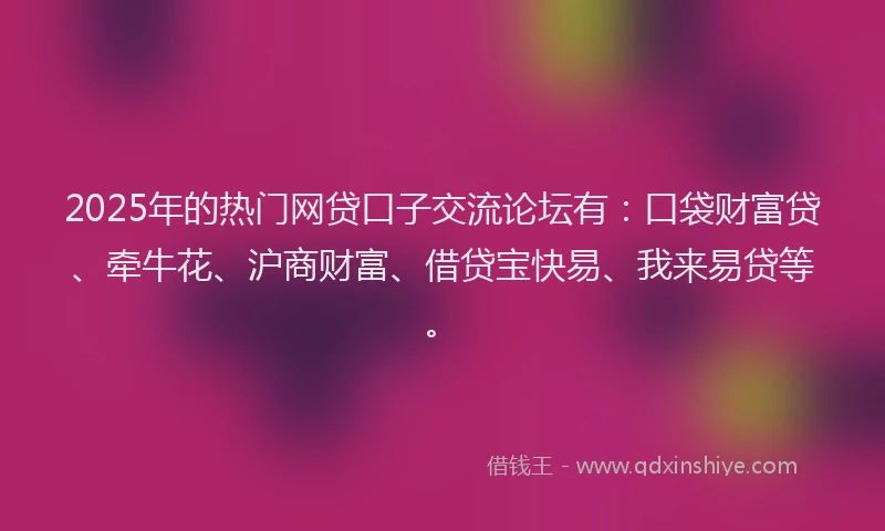2025年的热门网贷口子交流论坛有：口袋财富贷、牵牛花、沪商财富、借贷宝快易、我来易贷等。