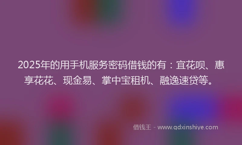 2025年的用手机服务密码借钱的有：宜花呗、惠享花花、现金易、掌中宝租机、融逸速贷等。