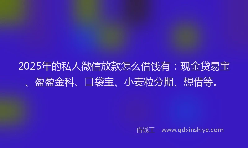 2025年的私人微信放款怎么借钱有：现金贷易宝、盈盈金科、口袋宝、小麦粒分期、想借等。
