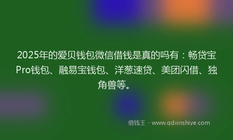 2025年的爱贝钱包微信借钱是真的吗有：畅贷宝Pro钱包、融易宝钱包、洋葱速贷、美团闪借、独角兽等。