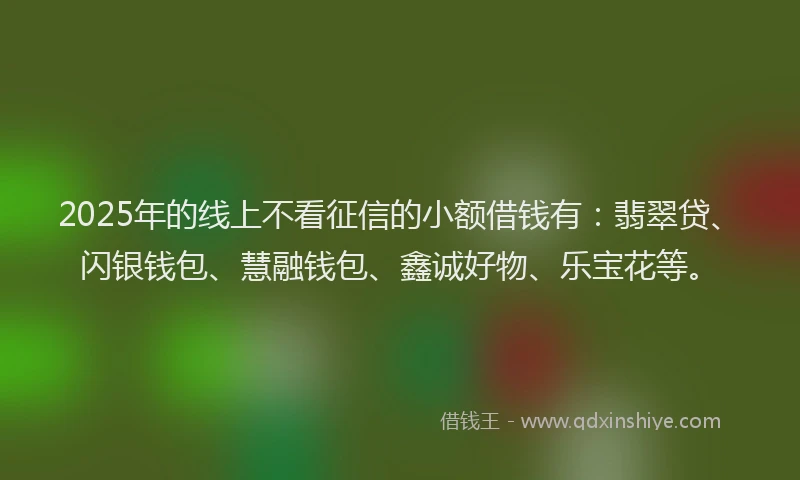 2025年的线上不看征信的小额借钱有：翡翠贷、闪银钱包、慧融钱包、鑫诚好物、乐宝花等。