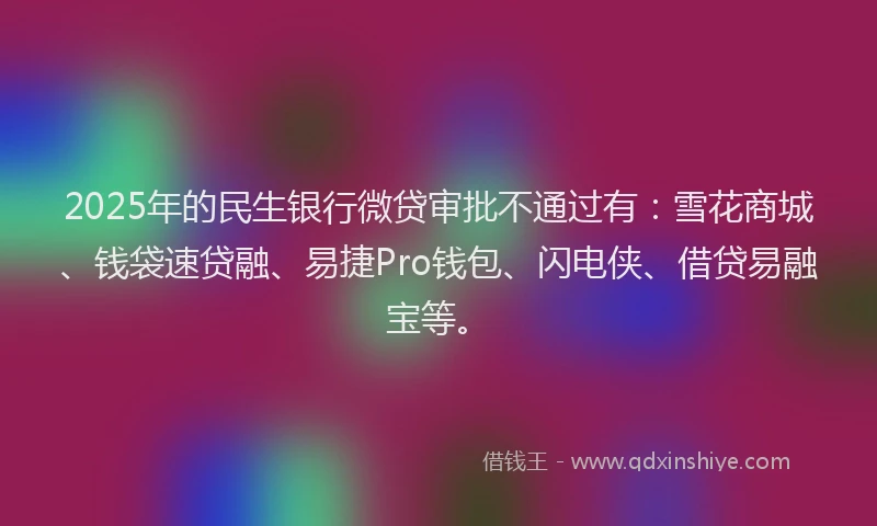 2025年的民生银行微贷审批不通过有：雪花商城、钱袋速贷融、易捷Pro钱包、闪电侠、借贷易融宝等。