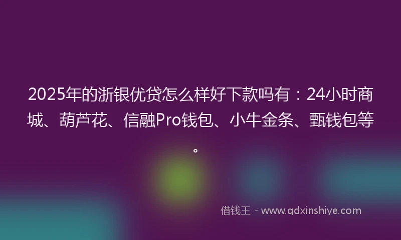2025年的浙银优贷怎么样好下款吗有：24小时商城、葫芦花、信融Pro钱包、小牛金条、甄钱包等。