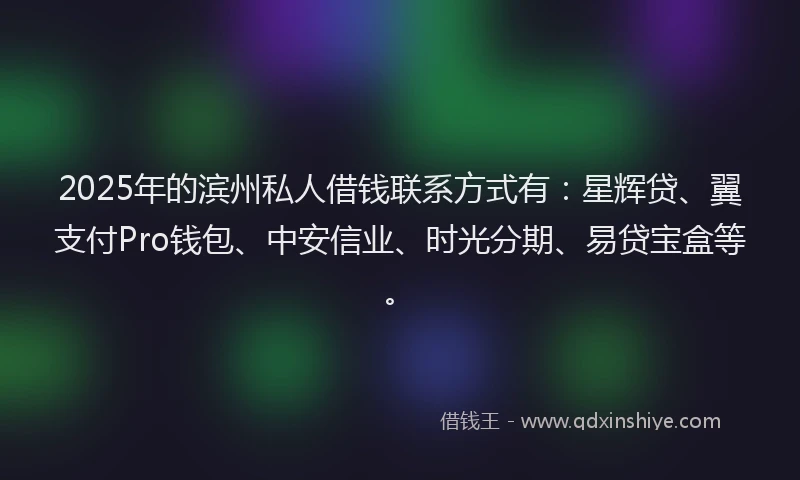 2025年的滨州私人借钱联系方式有：星辉贷、翼支付Pro钱包、中安信业、时光分期、易贷宝盒等。