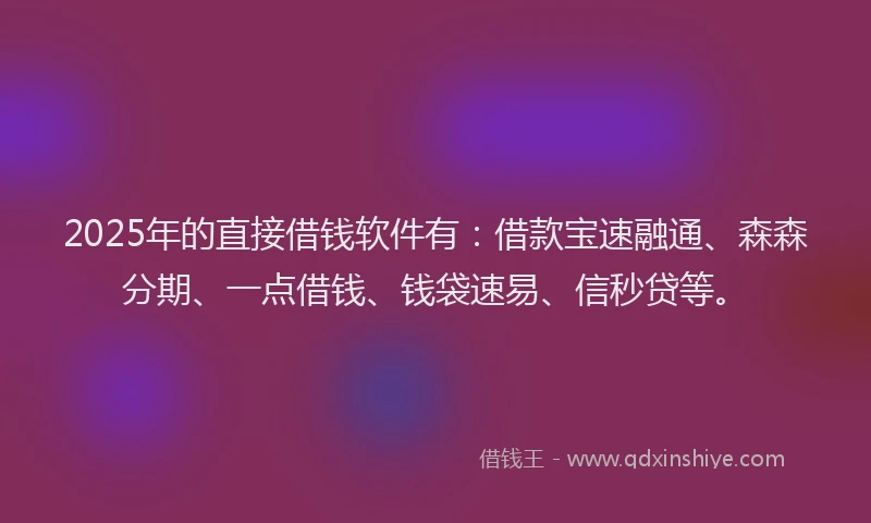 2025年的直接借钱软件有：借款宝速融通、森森分期、一点借钱、钱袋速易、信秒贷等。