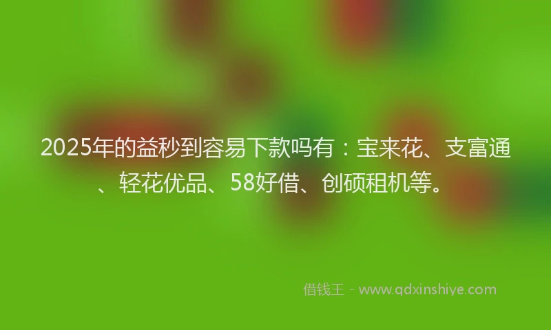 2025年的益秒到容易下款吗有：宝来花、支富通、轻花优品、58好借、创硕租机等。