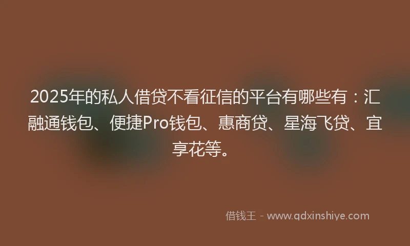 2025年的私人借贷不看征信的平台有哪些有：汇融通钱包、便捷Pro钱包、惠商贷、星海飞贷、宜享花等。