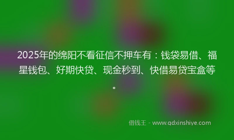 2025年的绵阳不看征信不押车有：钱袋易借、福星钱包、好期快贷、现金秒到、快借易贷宝盒等。