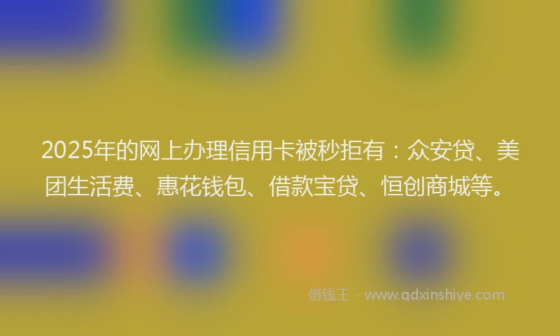2025年的网上办理信用卡被秒拒有：众安贷、美团生活费、惠花钱包、借款宝贷、恒创商城等。