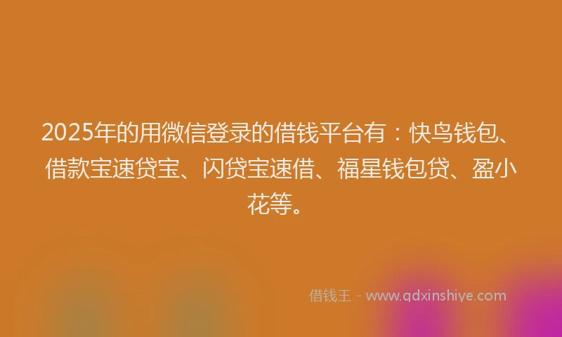 2025年的用微信登录的借钱平台有：快鸟钱包、借款宝速贷宝、闪贷宝速借、福星钱包贷、盈小花等。