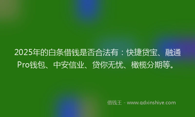 2025年的白条借钱是否合法有：快捷贷宝、融通Pro钱包、中安信业、贷你无忧、橄榄分期等。