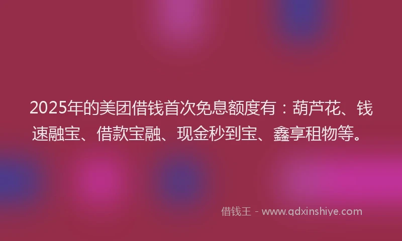2025年的美团借钱首次免息额度有：葫芦花、钱速融宝、借款宝融、现金秒到宝、鑫享租物等。