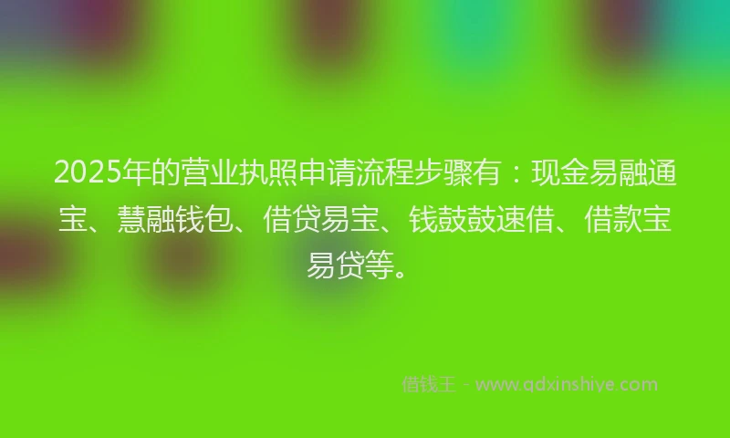 2025年的营业执照申请流程步骤有：现金易融通宝、慧融钱包、借贷易宝、钱鼓鼓速借、借款宝易贷等。