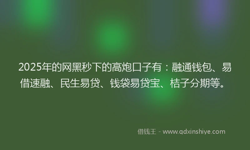 2025年的网黑秒下的高炮口子有：融通钱包、易借速融、民生易贷、钱袋易贷宝、桔子分期等。