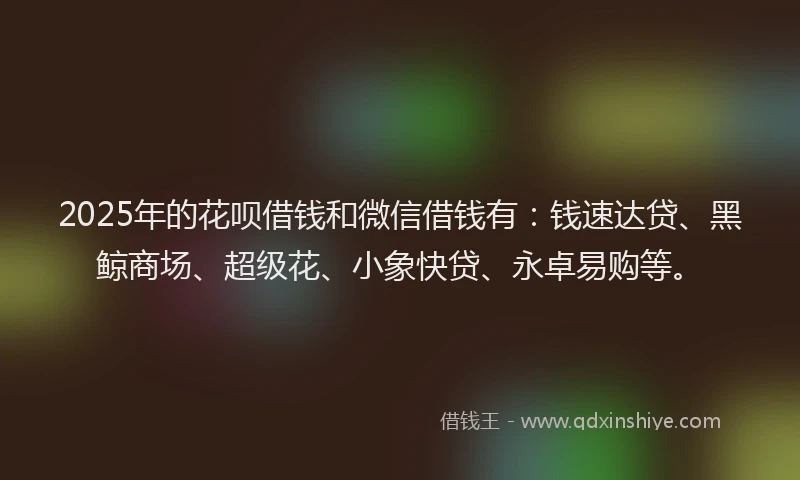 2025年的花呗借钱和微信借钱有：钱速达贷、黑鲸商场、超级花、小象快贷、永卓易购等。