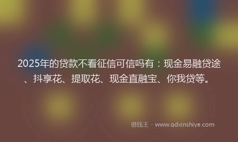 2025年的贷款不看征信可信吗有：现金易融贷途、抖享花、提取花、现金直融宝、你我贷等。