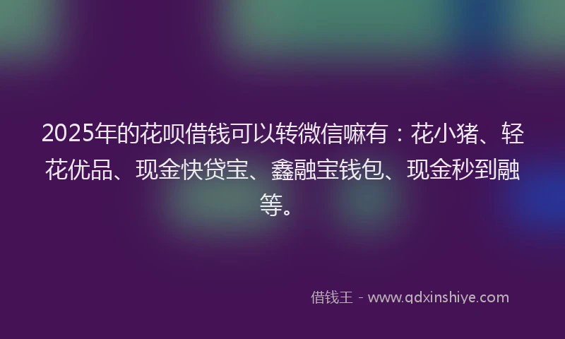 2025年的花呗借钱可以转微信嘛有：花小猪、轻花优品、现金快贷宝、鑫融宝钱包、现金秒到融等。