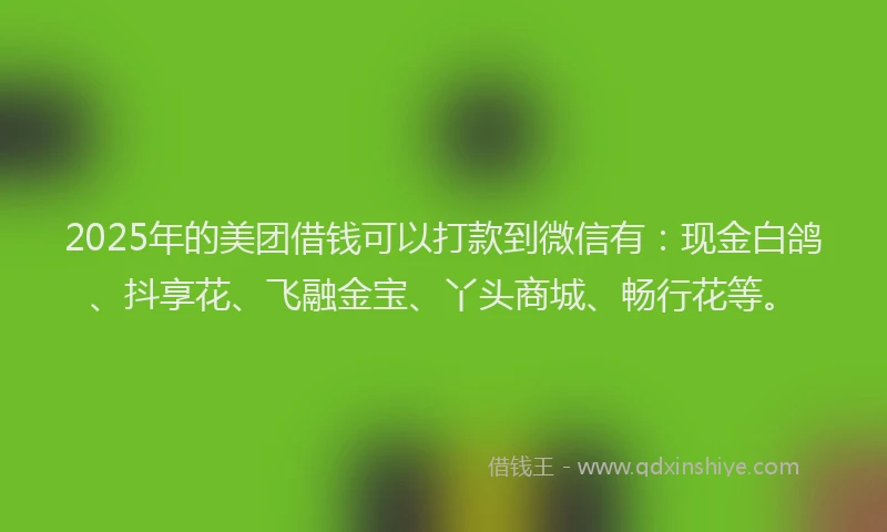 2025年的美团借钱可以打款到微信有：现金白鸽、抖享花、飞融金宝、丫头商城、畅行花等。