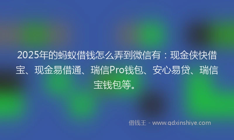 2025年的蚂蚁借钱怎么弄到微信有：现金侠快借宝、现金易借通、瑞信Pro钱包、安心易贷、瑞信宝钱包等。