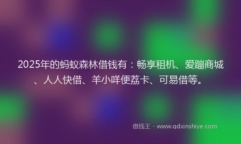 2025年的蚂蚁森林借钱有：畅享租机、爱蹦商城、人人快借、羊小咩便荔卡、可易借等。