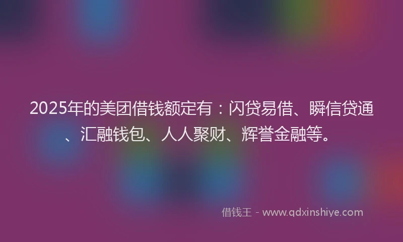 2025年的美团借钱额定有：闪贷易借、瞬信贷通、汇融钱包、人人聚财、辉誉金融等。