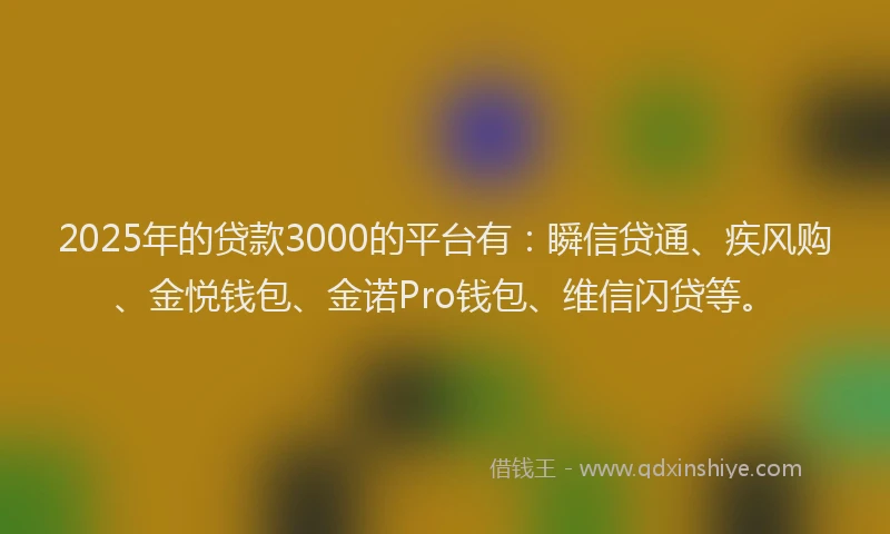 2025年的贷款3000的平台有：瞬信贷通、疾风购、金悦钱包、金诺Pro钱包、维信闪贷等。