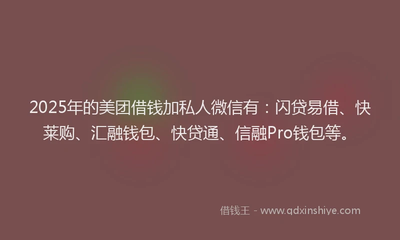 2025年的美团借钱加私人微信有：闪贷易借、快莱购、汇融钱包、快贷通、信融Pro钱包等。