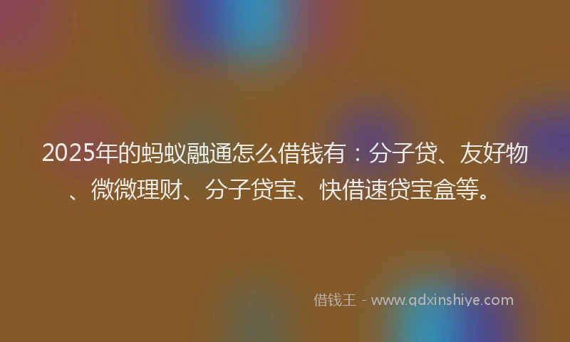 2025年的蚂蚁融通怎么借钱有：分子贷、友好物、微微理财、分子贷宝、快借速贷宝盒等。