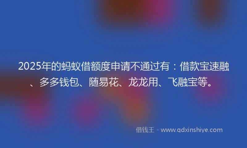 2025年的蚂蚁借额度申请不通过有：借款宝速融、多多钱包、随易花、龙龙用、飞融宝等。